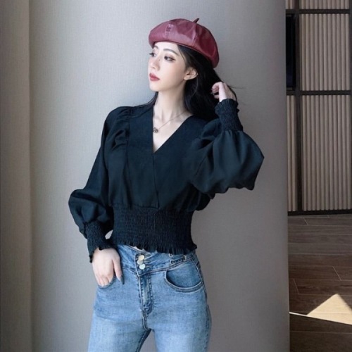  new autumn and winter foreign style V-neck design, waist closing long sleeve shirt, European and American style white navel exposed blouse, female