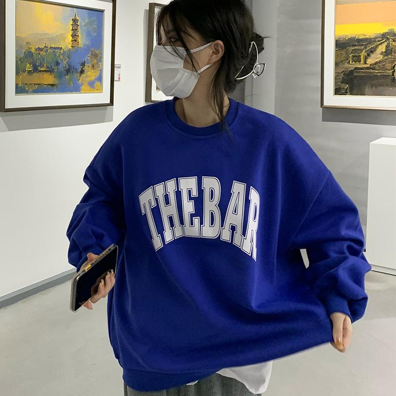 Crew neck letter sweater women's Plush thickened aw2021 new loose large Klein Blue Top ins