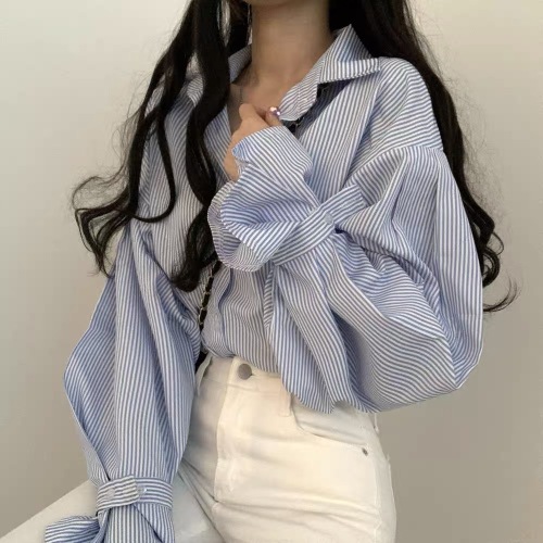 Korean Chic French minority autumn design fine stripe loose shirt women's simple inner long sleeve top fashion