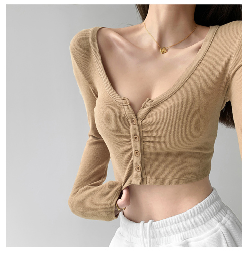 European and American sexy hot girls knitted T-shirt women's clothing autumn short open navel tight long sleeve inner bottom Shirt Top