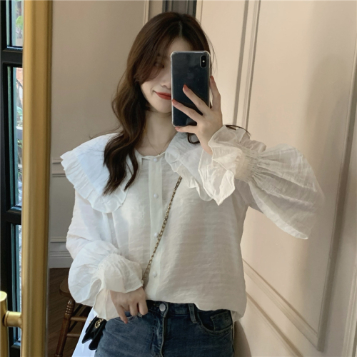 Real price! Korean retro autumn and winter with long sleeve shirt female French doll collar versatile shirt