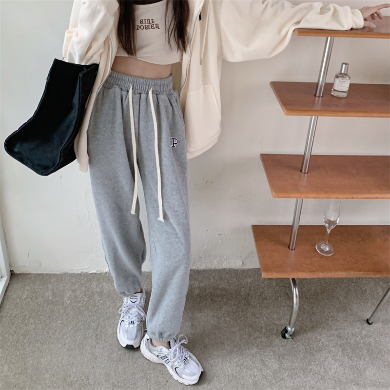 Real shooting and real price ~ New Korean version of versatile embroidered letters, elastic waist and feet, plush thickened casual pants