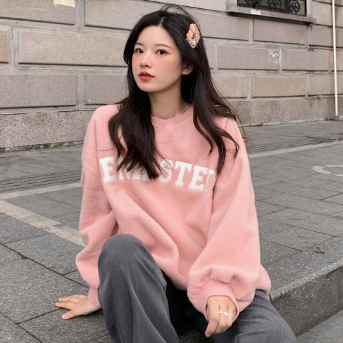 Real shot real price fleece round neck sweater women's Korean loose large letter long sleeve top