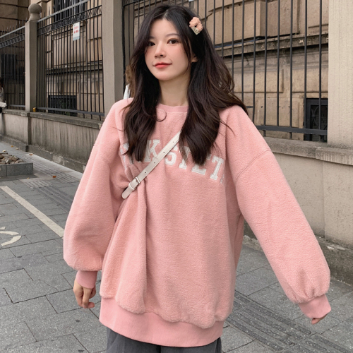 Real shot real price fleece round neck sweater women's Korean loose large letter long sleeve top