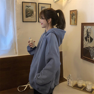 Plush thickened solid color sweater Korean loose casual medium length blue top