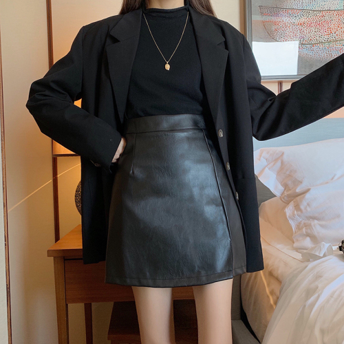 Real price winter new PU leather high waist wrap hip A-shaped split skirt