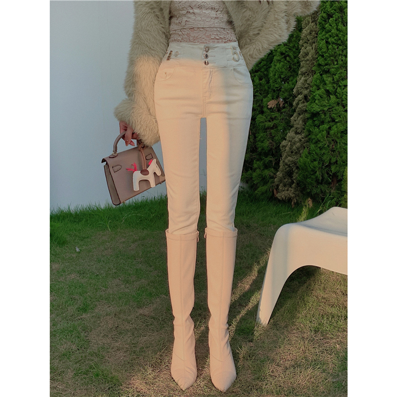 Real price! Diamond inlaid super high waist design feeling fleece jeans slim tight little foot pencil pants