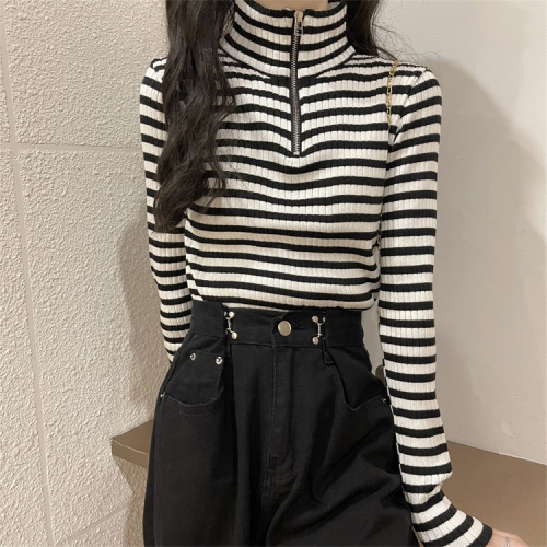 Real price real shooting new versatile striped high neck women's sweater foreign style top with thickened bottomed shirt inside