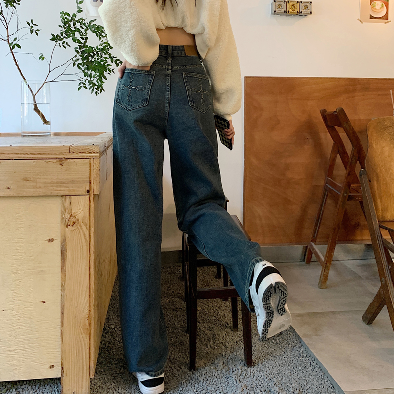 Real price 2021 new pocket embroidery straight tube micro wide washed jeans