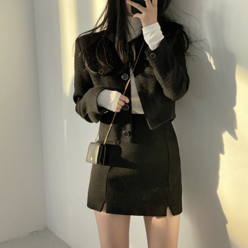 Vintage tweed coat women's short coat + slim skirt