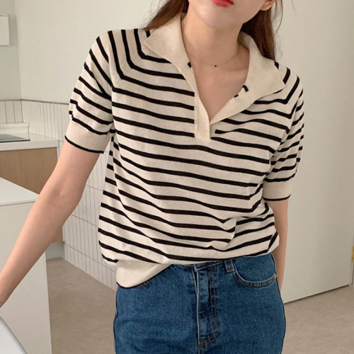 Korean simple summer retro Lapel stripe thin T-Shirt Top loose and versatile straight tube short sleeve T-shirt