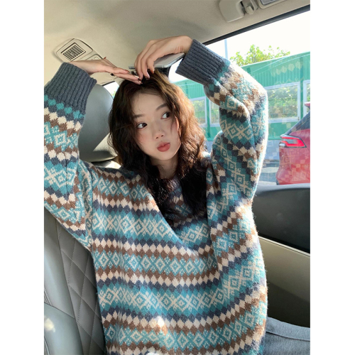 Green diamond check sweater for women in autumn and winter 2021 new style spring and autumn wear high-grade loose and lazy Knitted Top