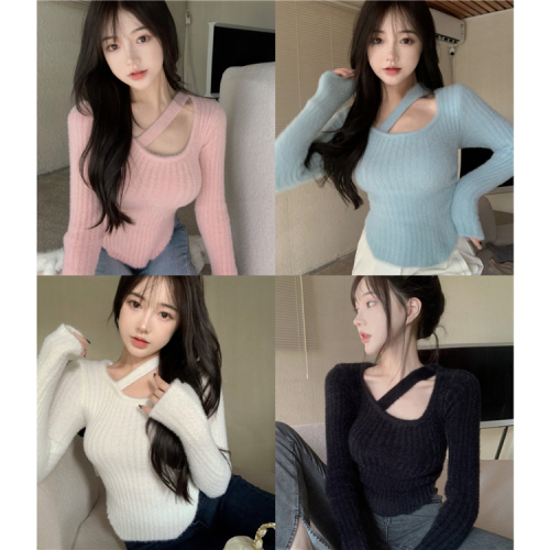 Real shooting of autumn and winter new women's sweet and pure desire design sense ins hanging neck imitation mink Plush knitted sweater