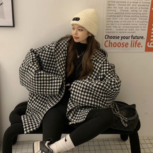 Real price ~ Korean winter design, loose and thin thousand bird grid gas hooded tweed coat