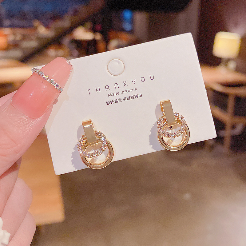Real shot diamond inlaid double-layer Circle Earrings Female Minority personalized design sense net red Earrings 925 silver needle