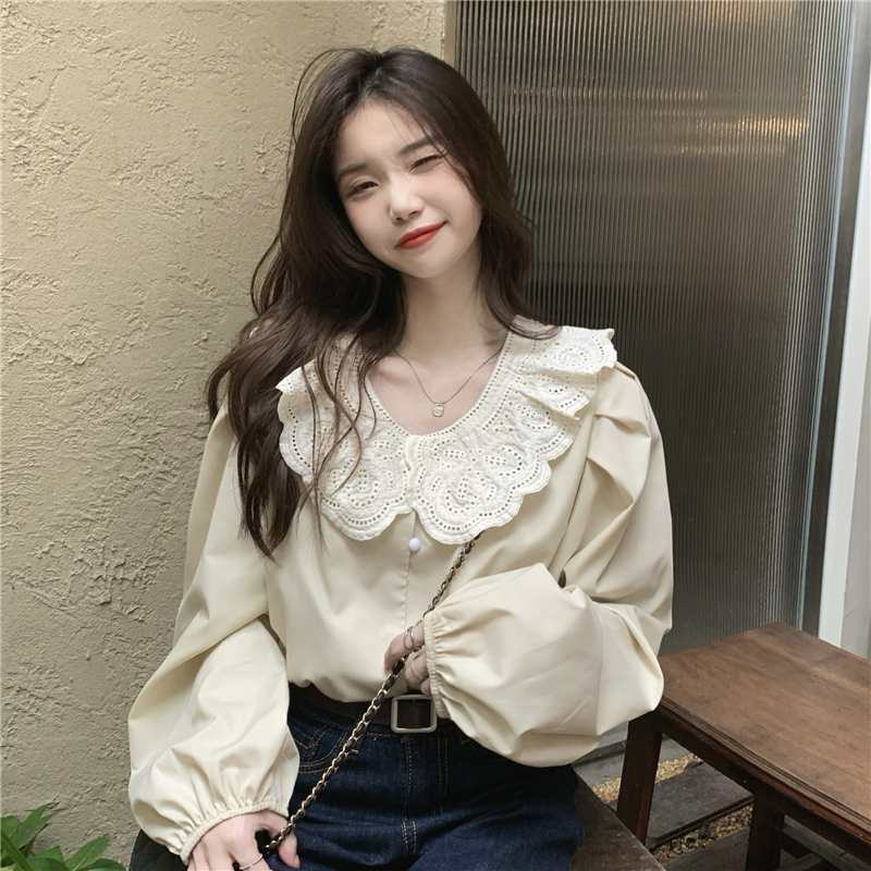 Real price! Retro design sense of minority long sleeve shirt wisp empty neck loose thin French top