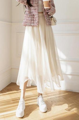 Women's irregular mesh skirt women's 2021 autumn and winter white high waist A-line yarn skirt, half length skirt