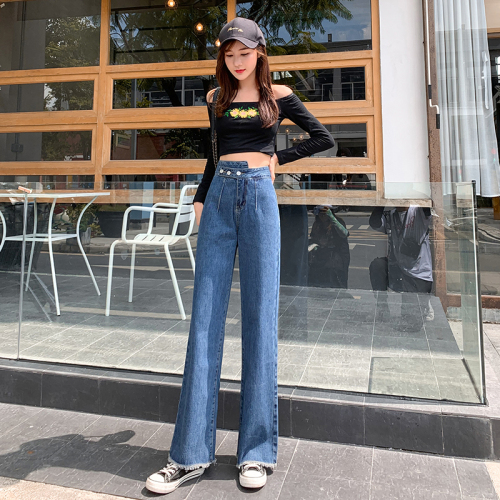Real shooting high waist elegant jeans women's winter 2021 new loose spring and autumn wide leg pants with a sense of floor dragging wind