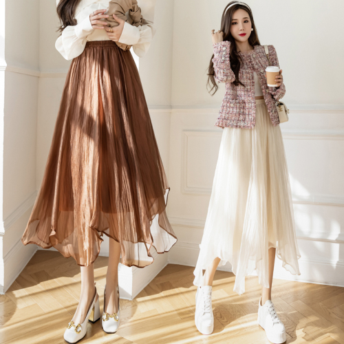 Women's irregular mesh skirt women's 2021 autumn and winter white high waist A-line yarn skirt, half length skirt