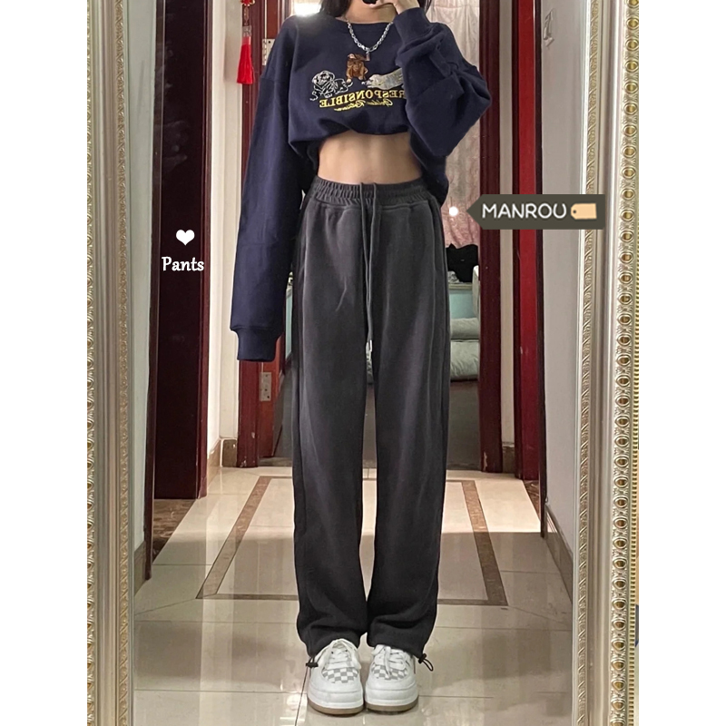 Non real shot dark gray drawstring Leggings women's autumn loose straight casual wide leg pants