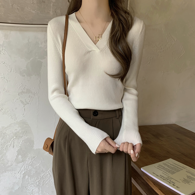 Real price autumn and winter slim fit long sleeve inner collar knitted foreign style bottomed sweater