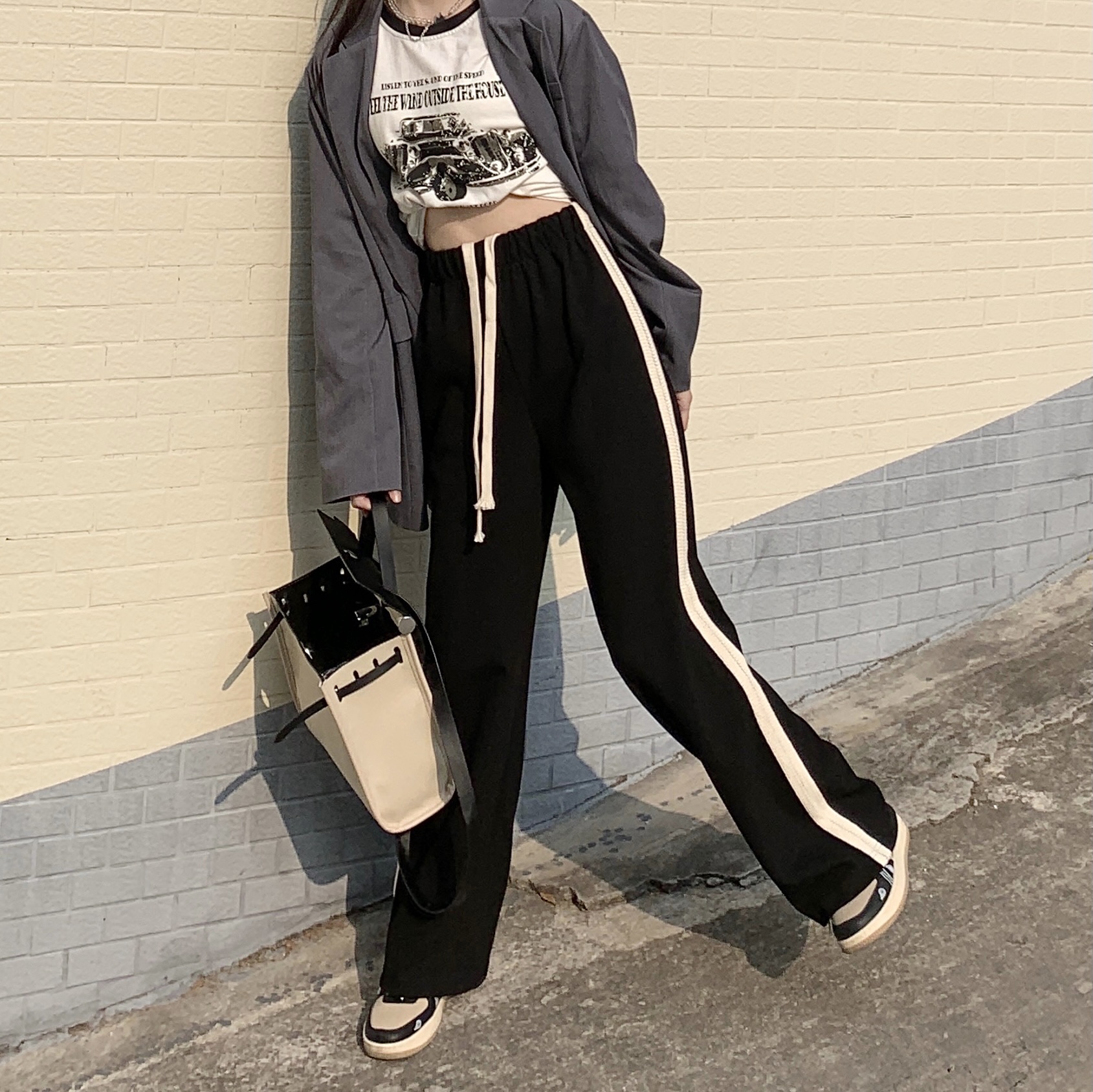 Real price winter thickened webbing splicing straight pants drawstring Elastic Waist Wide Leg Pants high waist pants