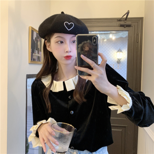 Real shooting real price autumn and winter Korean version golden velvet bottomed baby collar trumpet long sleeve shirt women's blouse