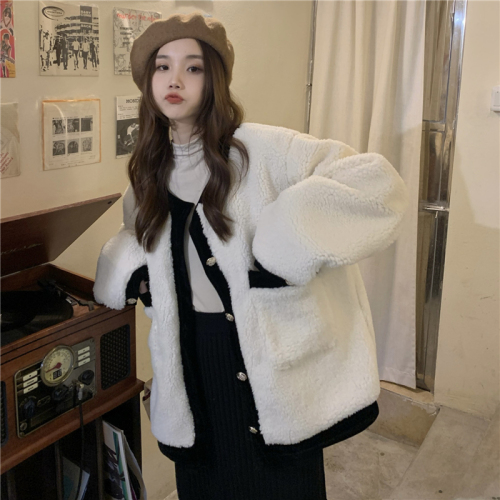 Real price fried street small fragrance loose color contrast gas long sleeve coat winter imitation lamb wool coat