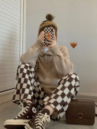 Non real shot spring and autumn coffee color checkerboard light core flannel pants high waist high feeling floor dragging wide leg pants