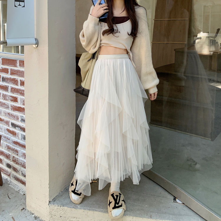 Real shooting and real price ~ new high waist mesh skirt medium long irregular yarn skirt cake pleated A-line skirt