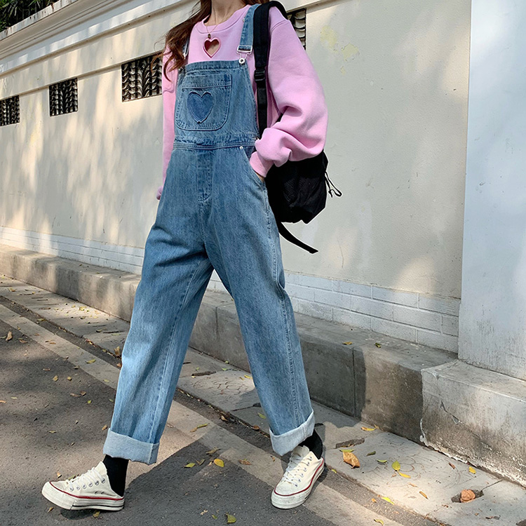 Real shooting real price love cowboy suspenders retro versatile Korean age reducing straight tube loose wide leg pants