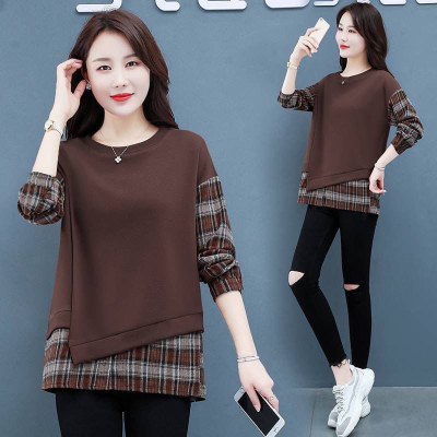 Fat mm large women's fake two-piece sweater women's spring and autumn check splicing contrast casual loose bottomed shirt