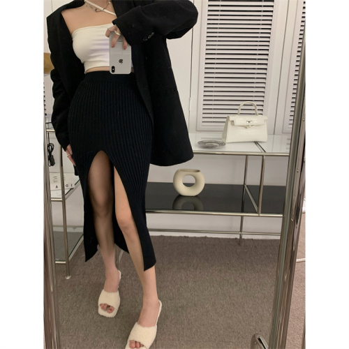 Real shooting real price autumn and winter simple bottomed knitted skirt sense oblique split fishtail skirt knitted skirt women's skirt
