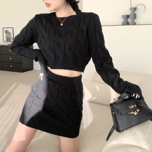 Real price hemp knit shirt top sweater skirt autumn and winter new two-piece set