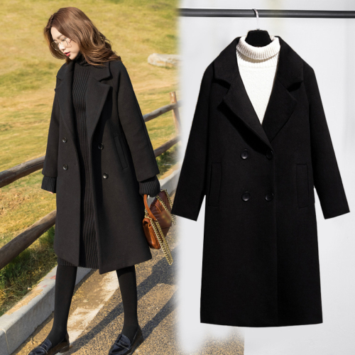 Black tweed coat women's middle long  autumn and winter new style Hepburn style thin thickened woolen coat