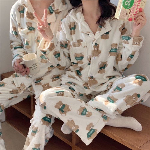 Real price Korean winter warm Cartoon Bear double-sided cashmere couple home clothes Pajama Set