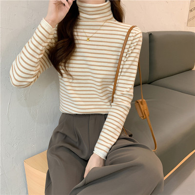 Double sided German velvet autumn and winter versatile striped high neck women's sweater foreign style top with bottom shirt inside