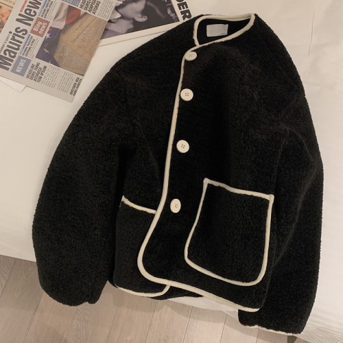 Round neck lamb wool coat women's autumn and winter 2021 new Korean loose little lamb cashmere coat
