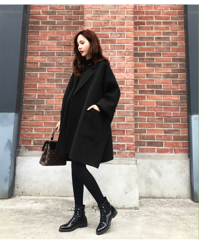 Off season double-sided cashmere coat women's  new autumn and winter medium long loose cocoon wool coat small man