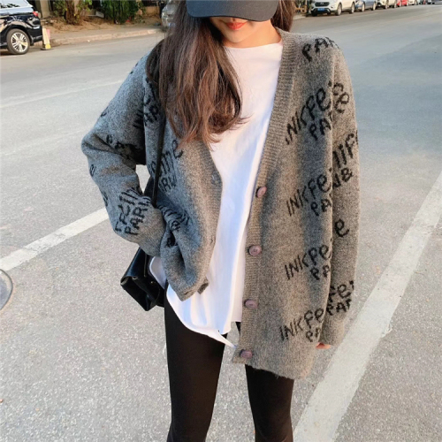 Spring and autumn new 2020 women's knitting cardigan fashion Korean version loose foreign style V-Neck long sleeve fashionable sweater coat