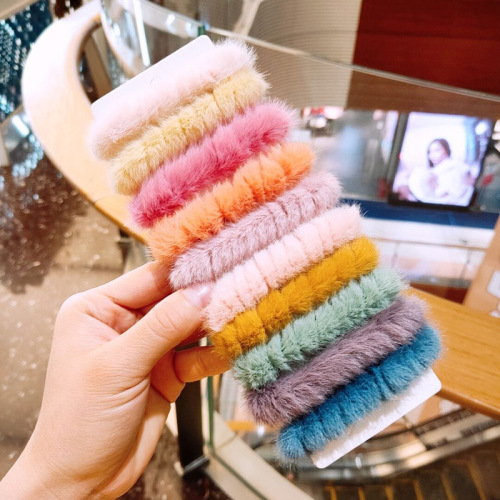 Autumn and winter candy color hair circle foundation versatile imitation rabbit hair rope women's ball scalp tendon leather cover