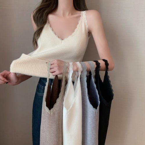 Real price lace V collar mink fur one-piece plush and plush suspender sweater suit with bottom vest