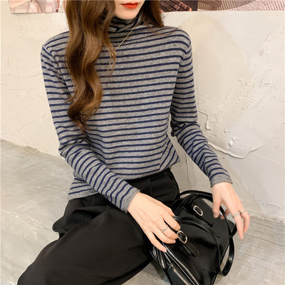 Double sided German velvet autumn and winter versatile striped high neck women's sweater foreign style top with bottom shirt inside