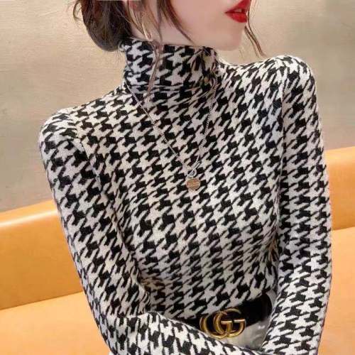 High neck bottomed sweater women's autumn and winter foreign style fashion 2021 new slim and thickened thousand bird check sweater