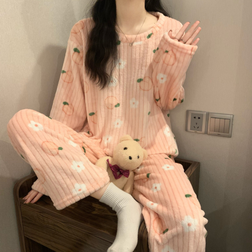Real price ~ autumn and winter sweet peach coral velvet pajamas pajamas suit furry warm home clothes