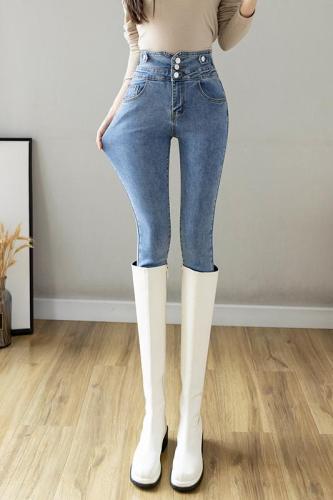 Real shot white plush high waist jeans women's small feet new slim Black Slim tight women's pants fashion
