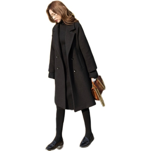 Black tweed coat women's middle long  autumn and winter new style Hepburn style thin thickened woolen coat