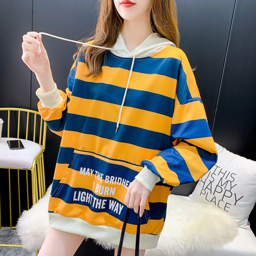 Real shooting cotton sweater  new fat mm thin large ins rainbow stripe sweater women's 200kg belly covering top