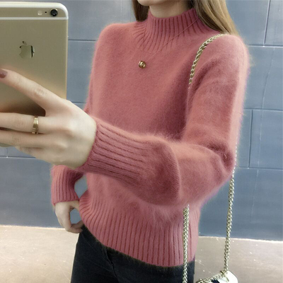 Mink thickened sweater women's half high collar loose Pullover bottomed sweater in autumn and winter