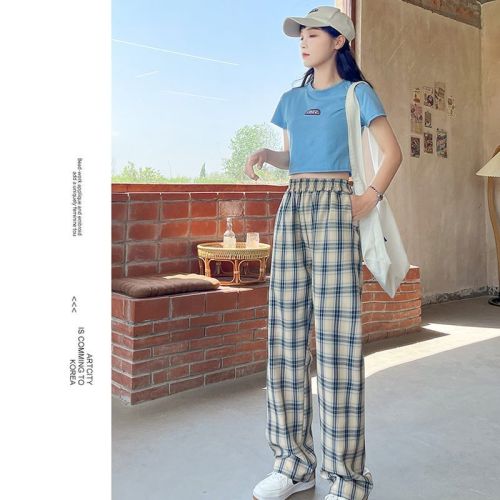 Plaid pants children's autumn thin loose high waist hanging feeling  new ins straight tube leisure floor wide leg pants